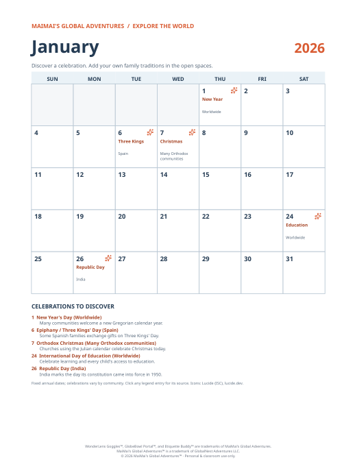 Monthly Cultural Calendars (13 PDFs)