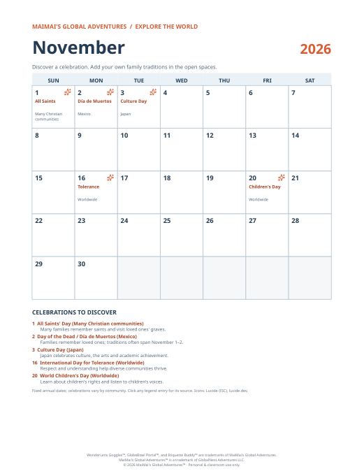 PDF preview: November 2026 Cultural Calendar