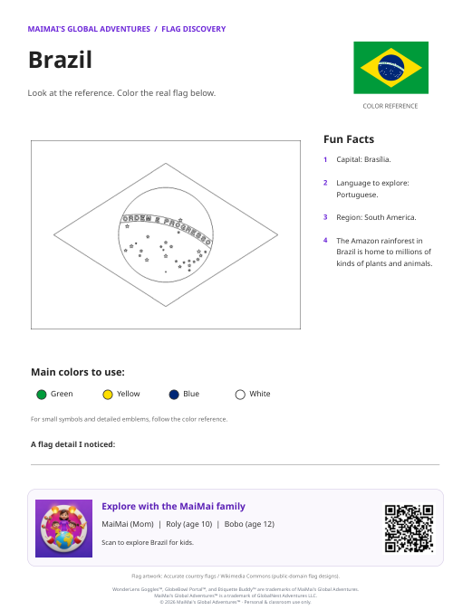 Brazil Flag Coloring Page — Download PDF