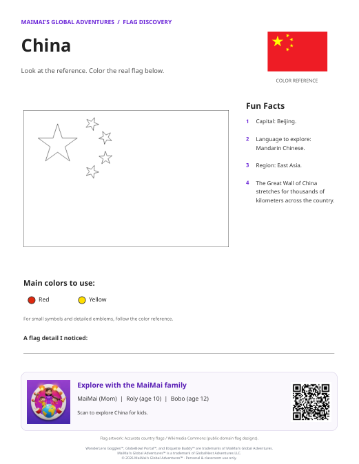 China Flag Coloring Page — Download PDF