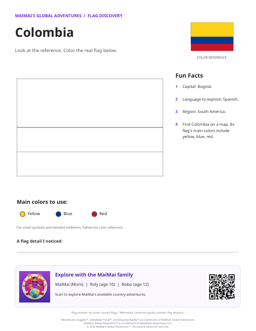 Colombia Flag Coloring Page — Download PDF