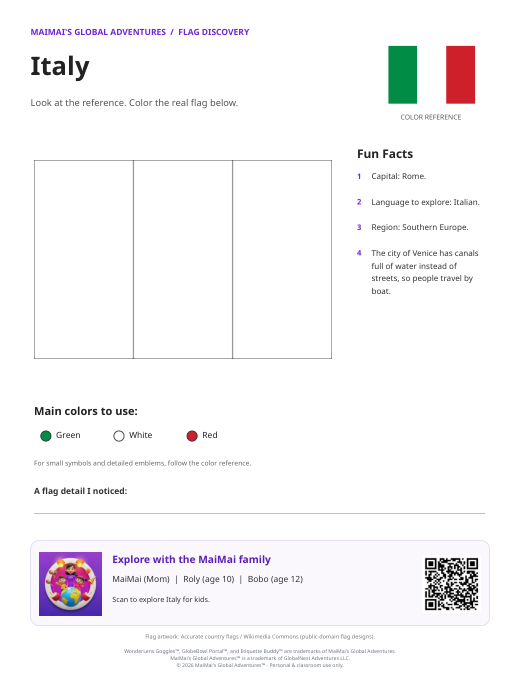Italy Flag Coloring Page — Download PDF