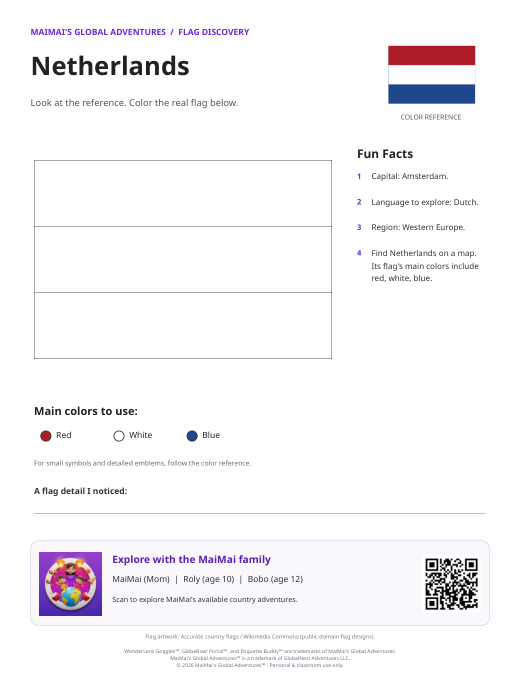 Netherlands Flag Coloring Page — Download PDF