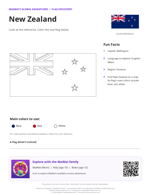 New Zealand Flag Coloring Page — Download PDF