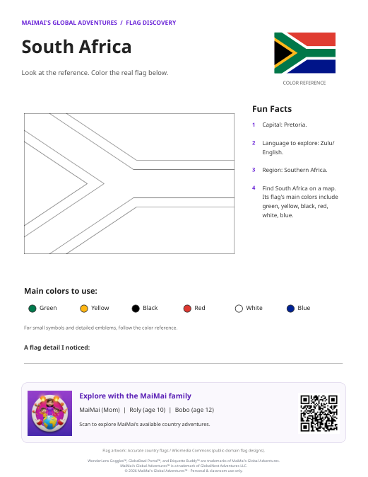 South Africa Flag Coloring Page — Download PDF