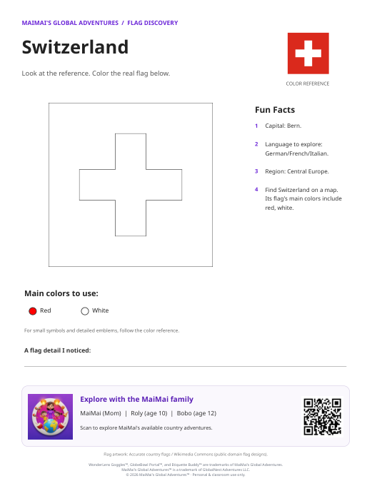 Switzerland Flag Coloring Page — Download PDF