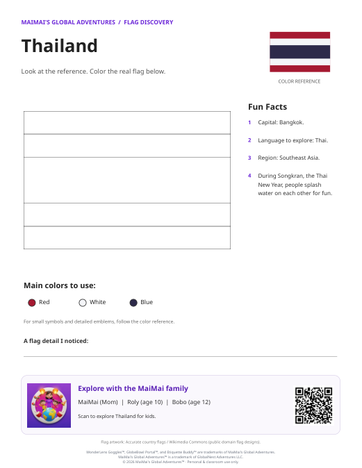 Thailand Flag Coloring Page — Download PDF