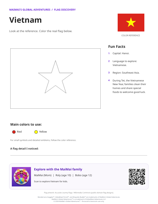 Vietnam Flag Coloring Page — Download PDF
